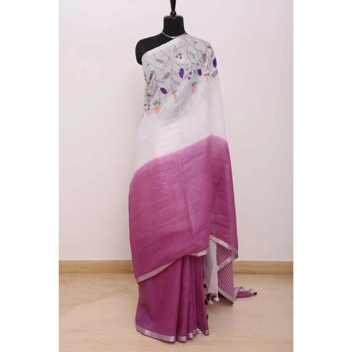 Roja Ombre Border and Multicolour Botanical Embroidery Linen sari