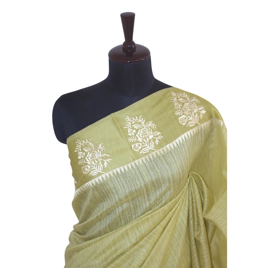 Pista Green Handloom Pure Tussar Silk Hand Embroidered Sari