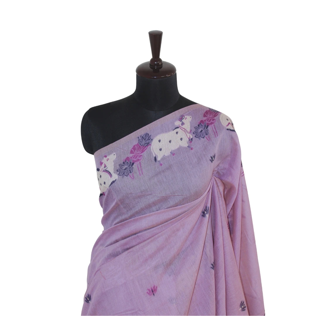 Lavender Handwoven Jamdhani with Pichwai-Inspired Needle Work