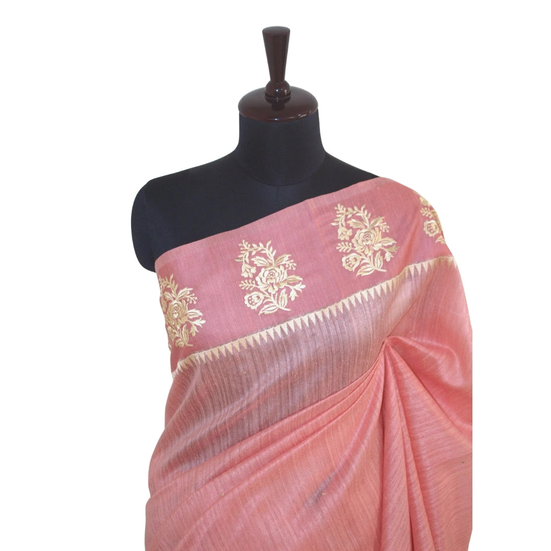 Blush Pink Handloom Pure Tussar Silk Handwoven Sari