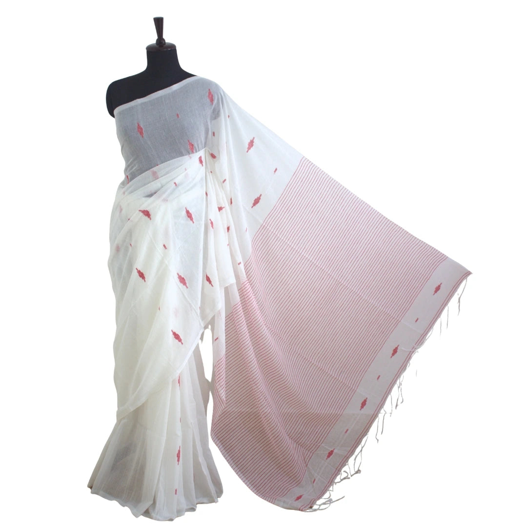 Soft Ivory with Red Jamdhani Motifs and Striped Pallu