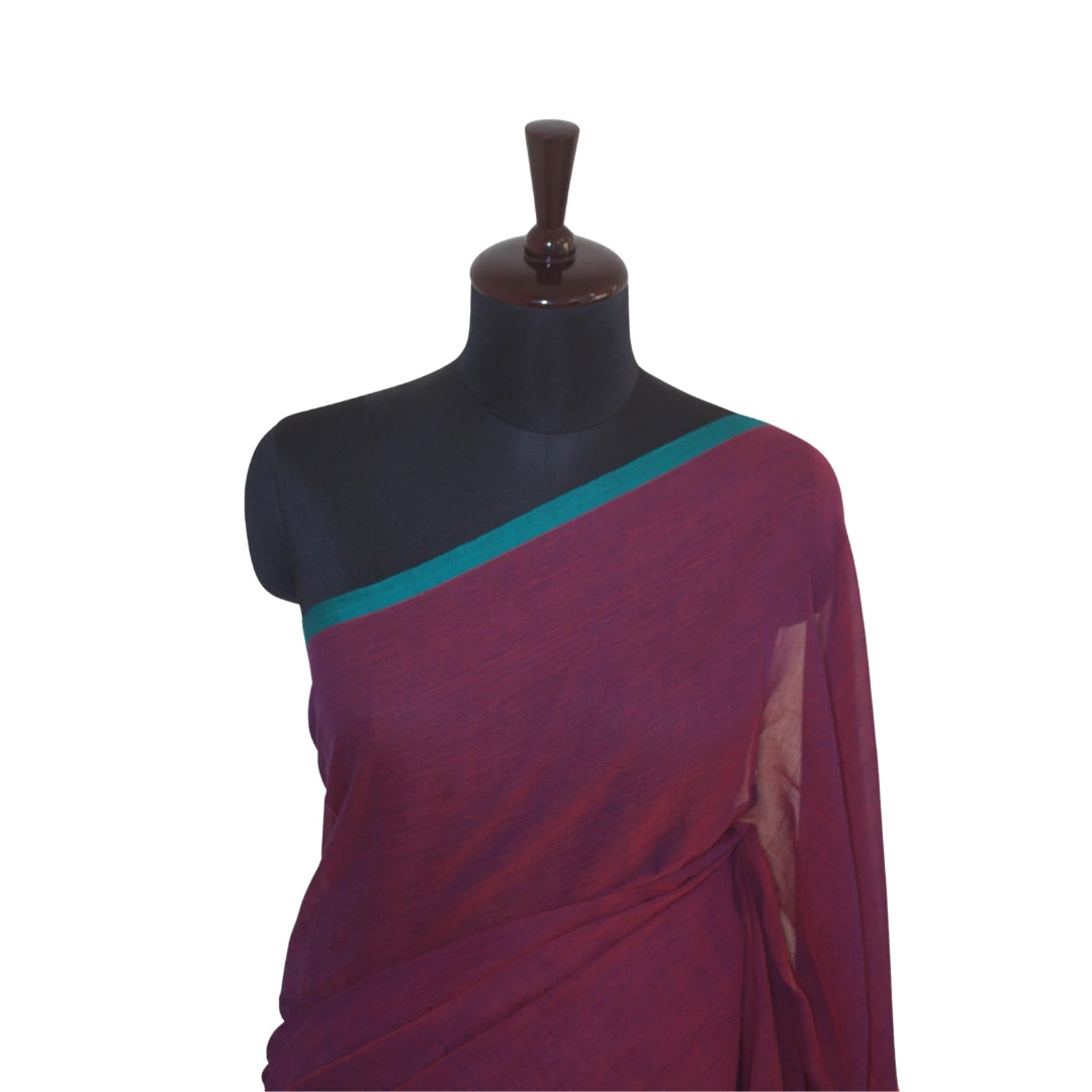 Deep Plum Handloom Pure Mul Cotton Sari with Teal Border