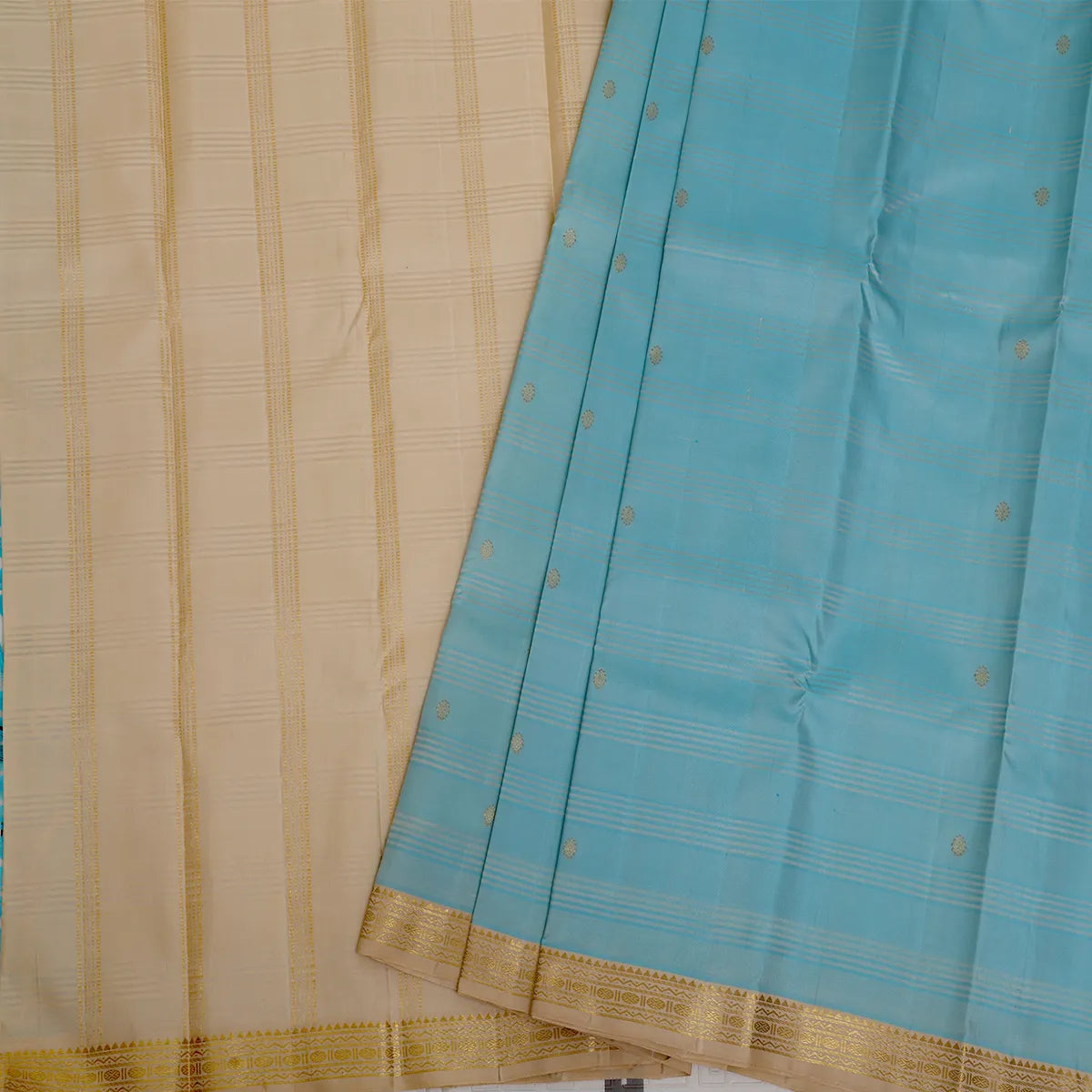 Sky blue paired ivory pure Kanjeevaram silk sari