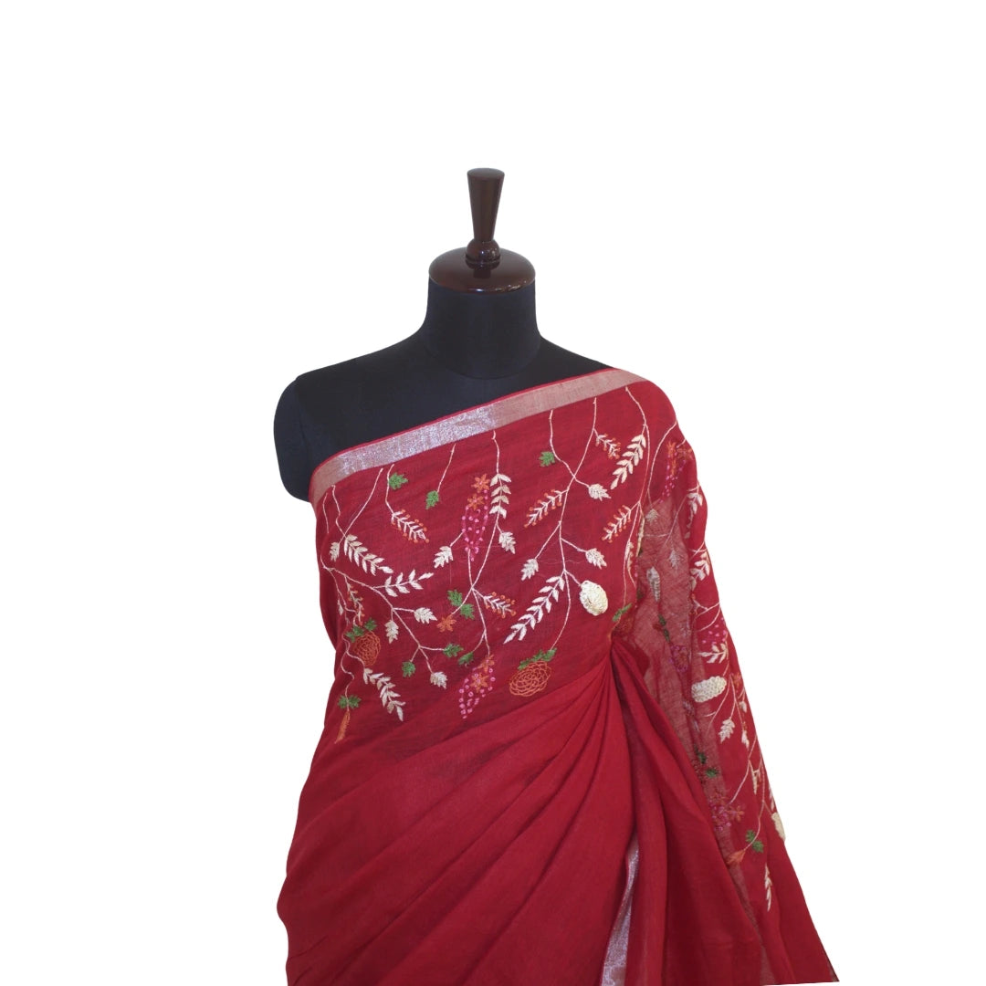 Cherry Red with Multicolour Botanical Embroidery