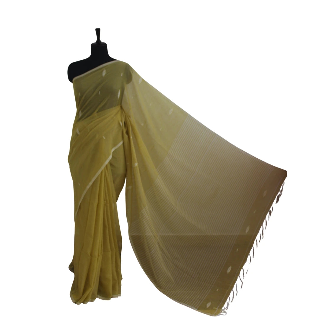 Lemon Yellow Handloom Mul Cotton Jamdhani Sari
