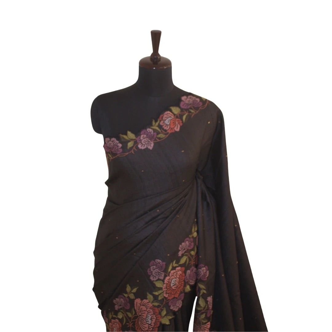 Midnight-hued pure Tussar silk saree