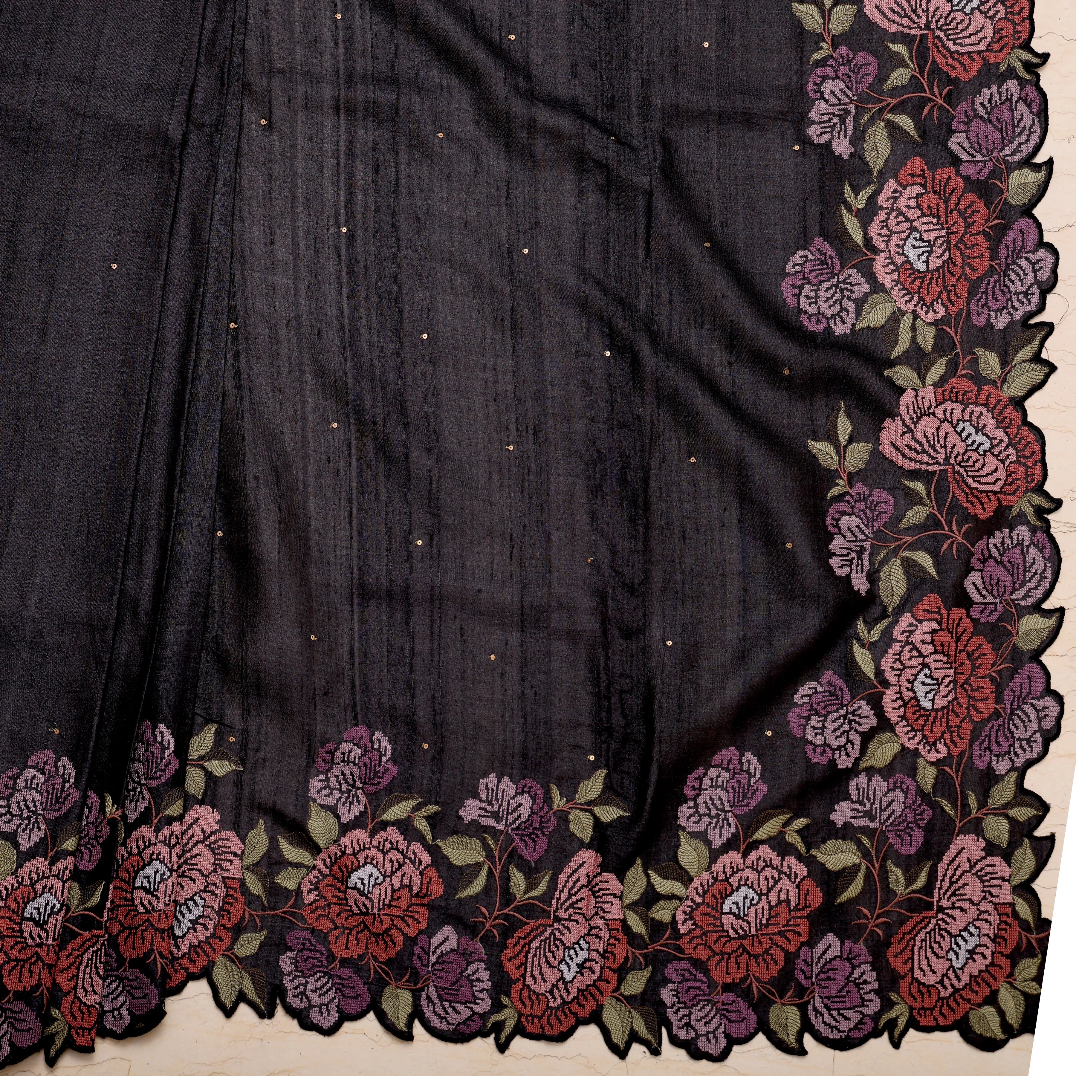 Midnight-hued pure Tussar silk saree