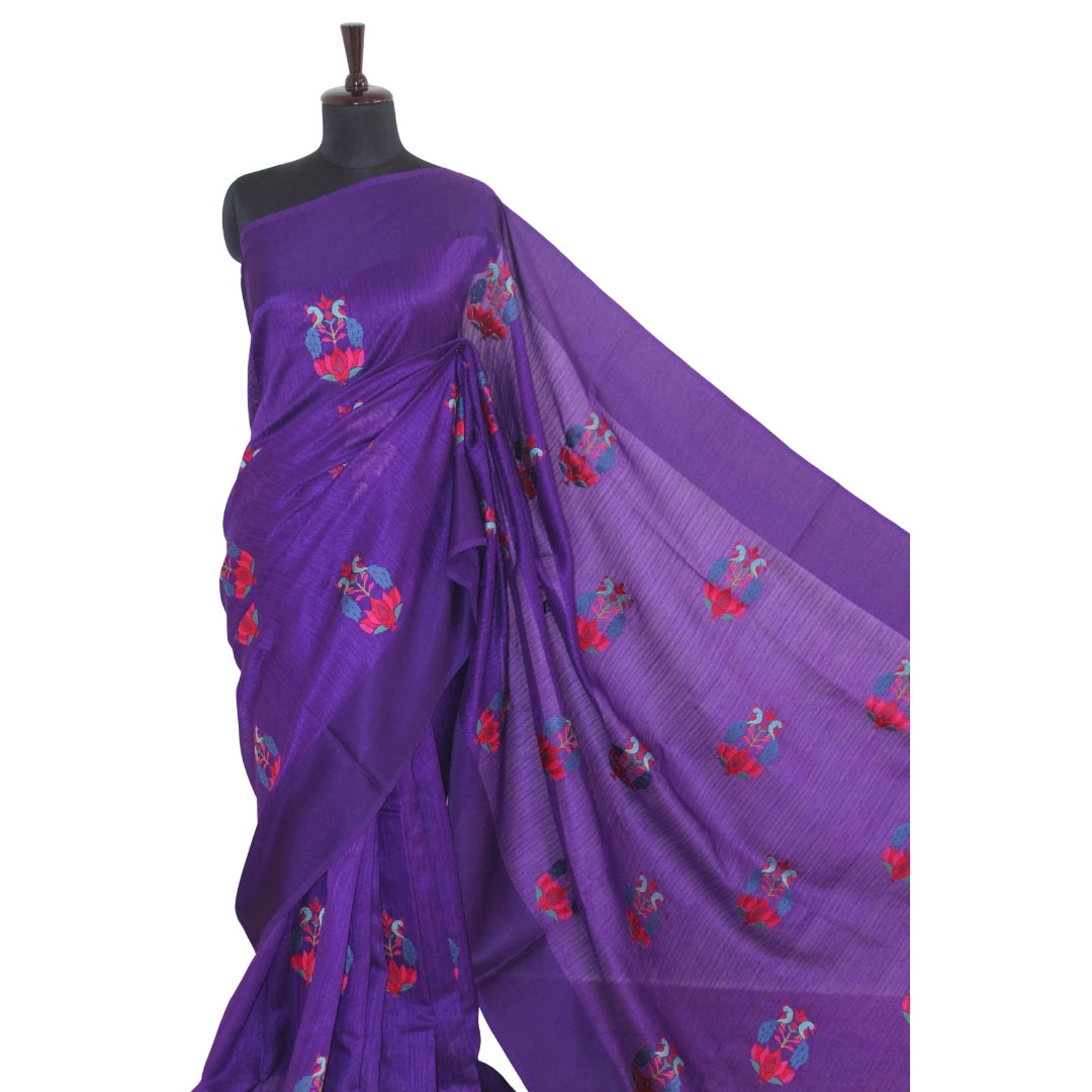 Royal Blue Handloom Tussar Silk Sari with Hand Embroidery