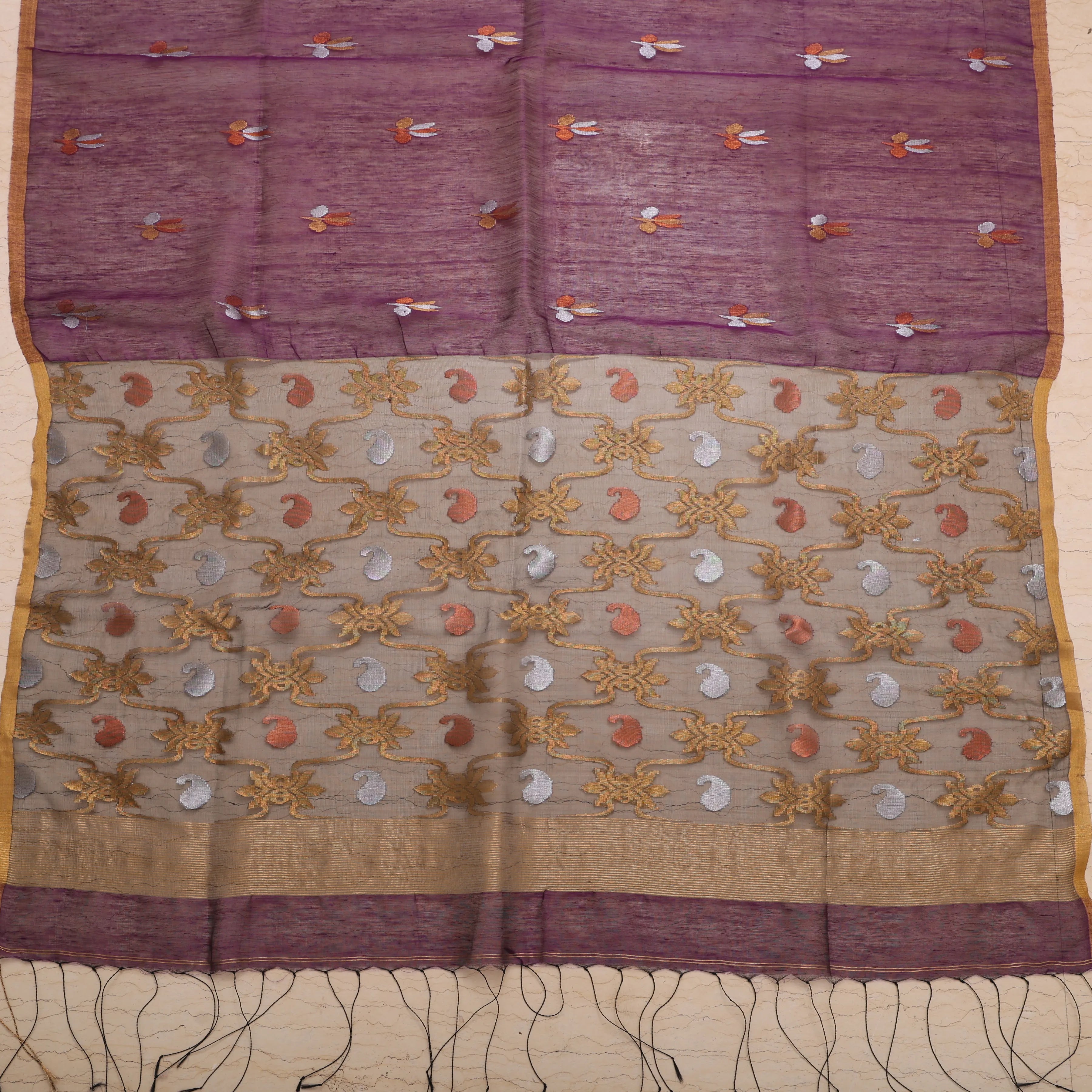 Neelam Purple Linen Muslin Jamdani Sari