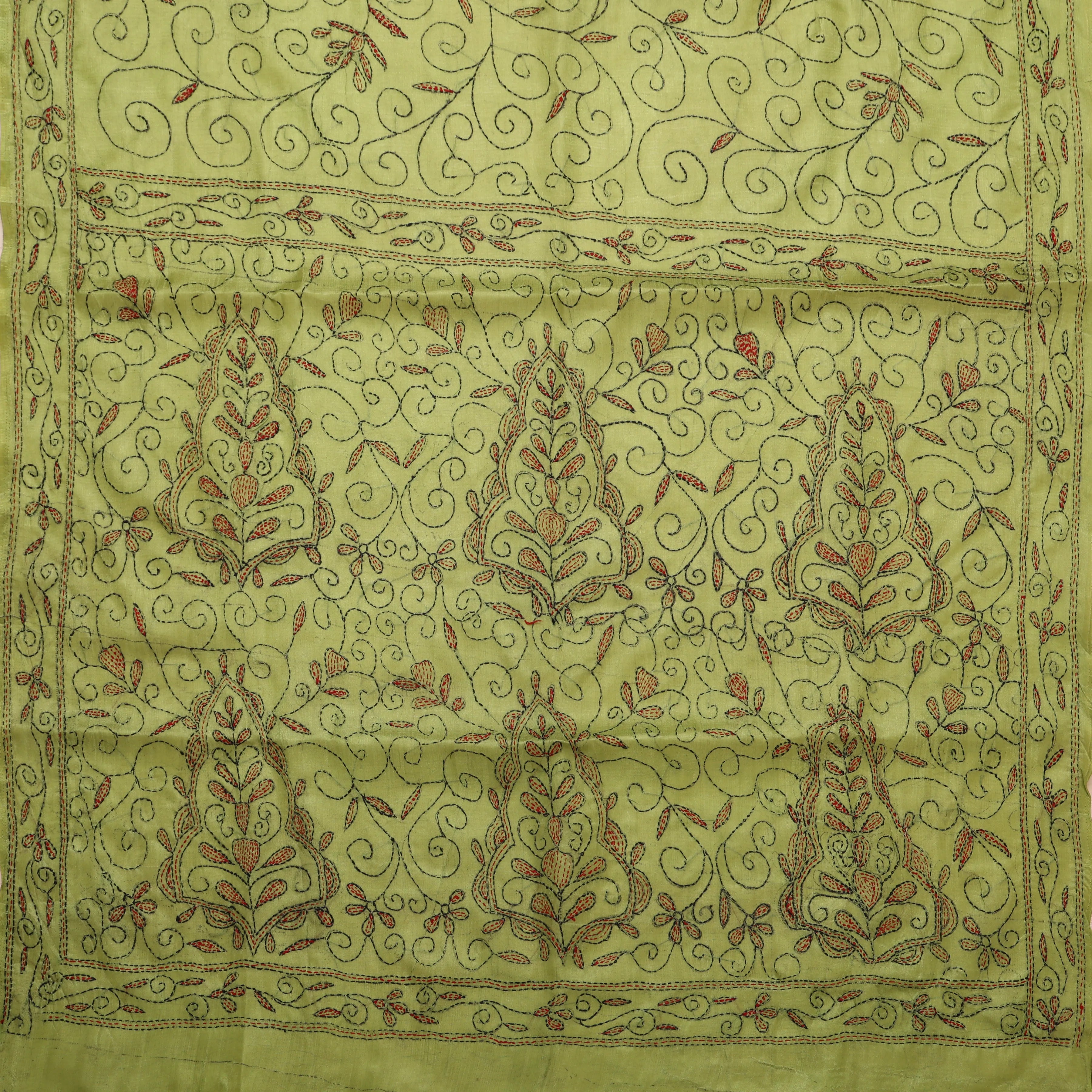 Pachai Olive Kantha Silk sari