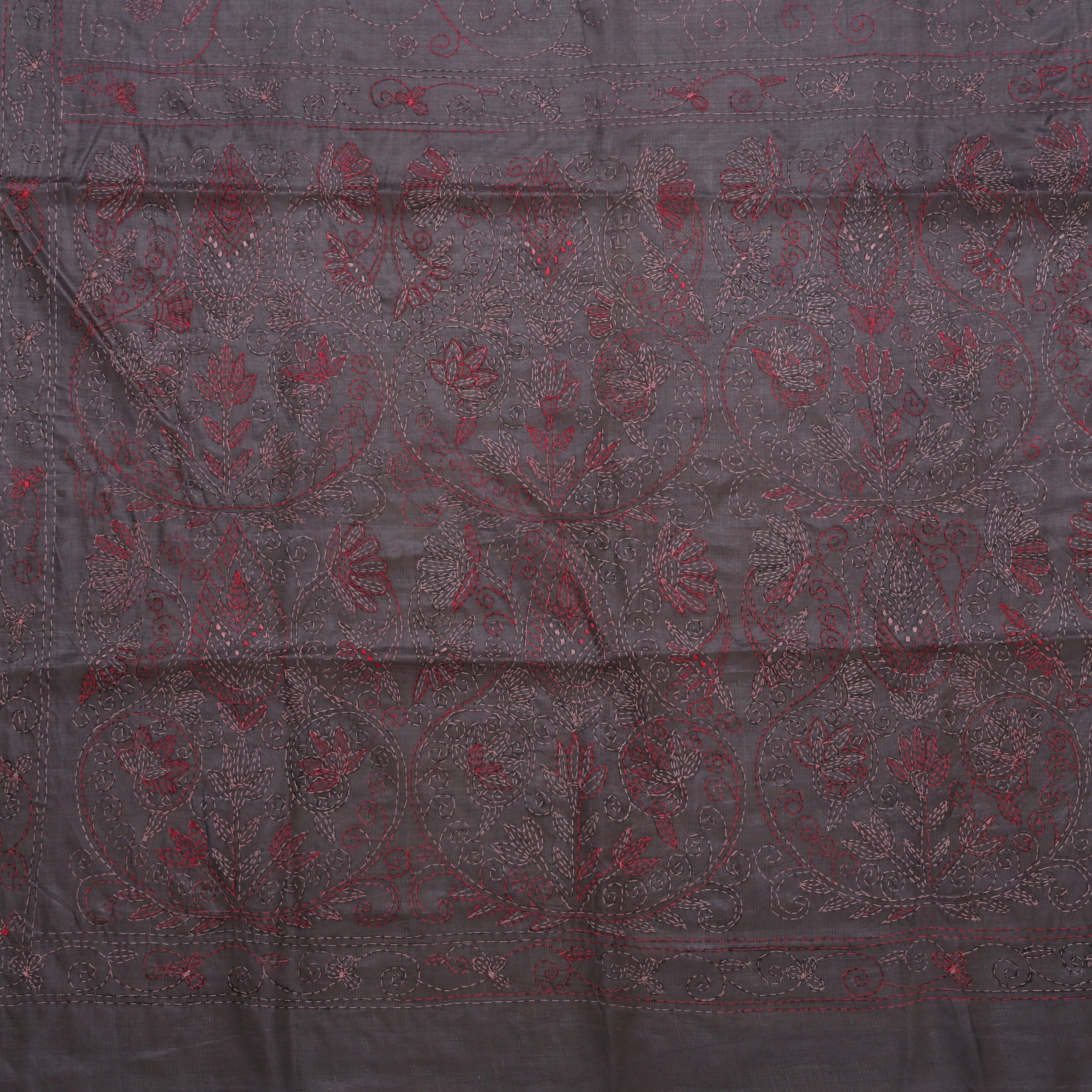 Charcoal Grey Kantha Silk Sari