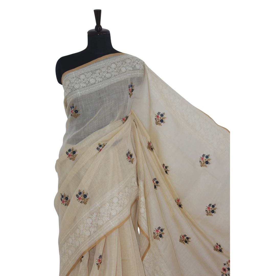 Ivory Handloom Linen Hand Embroidered Sari