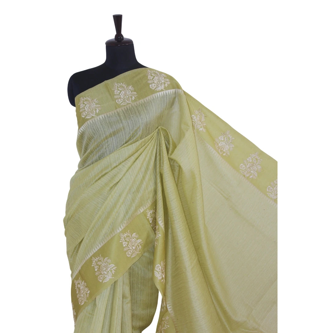 Pista Green Handloom Pure Tussar Silk Hand Embroidered Sari