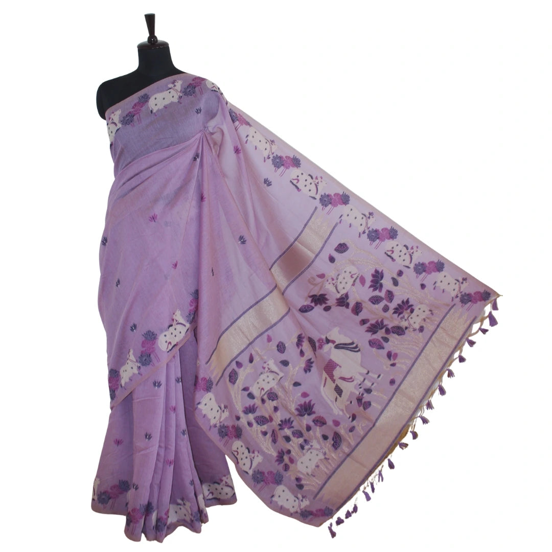 Lavender Handwoven Jamdhani with Pichwai-Inspired Needle Work