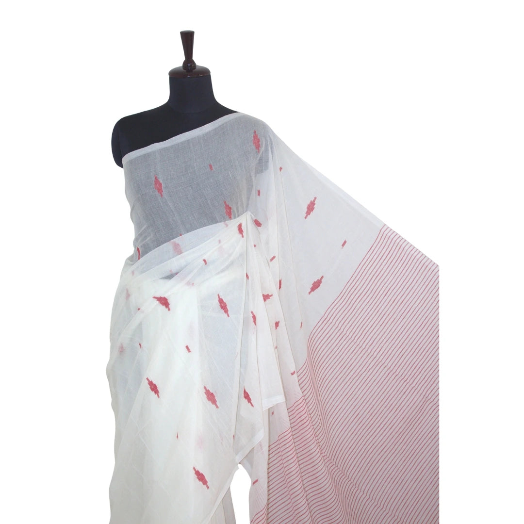 Soft Ivory with Red Jamdhani Motifs and Striped Pallu