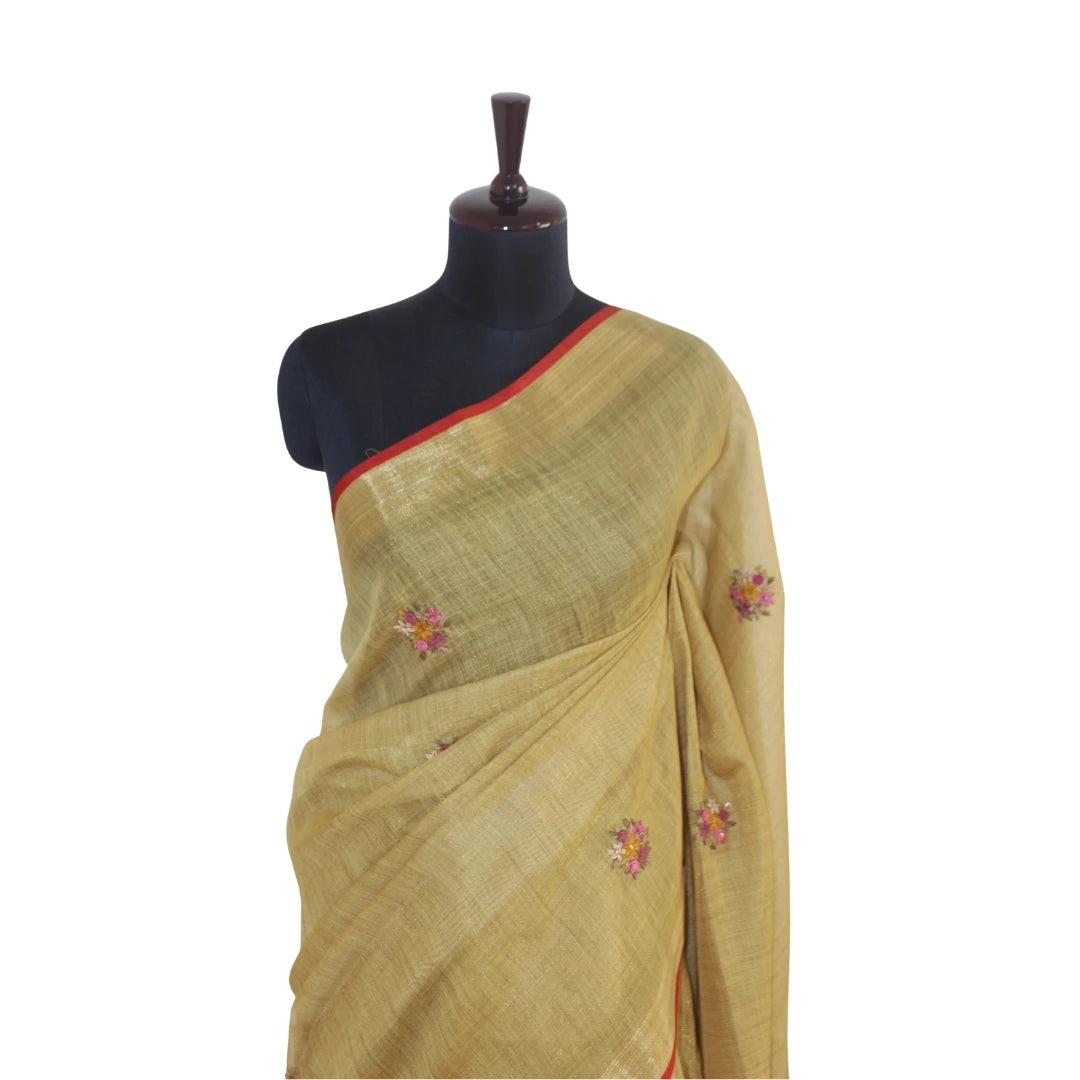 Golden Beige Handloom Linen Hand Embroidered Sari