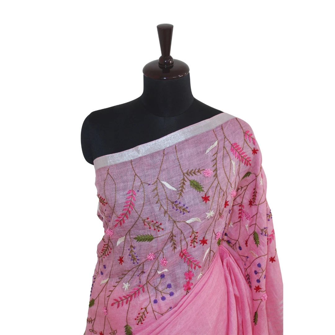 Rose Pink with Multicolour Botanical Embroidery