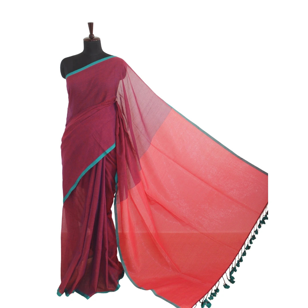 Deep Plum Handloom Pure Mul Cotton Sari with Teal Border