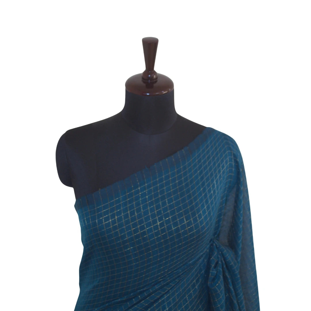 Teal Handloom Cotton Sari with Gold Zari Checks