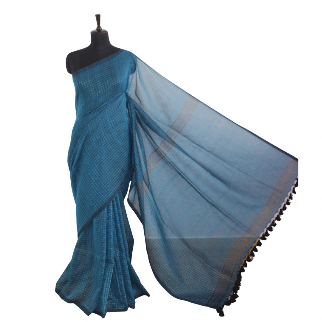 Teal Handloom Cotton Sari with Gold Zari Checks