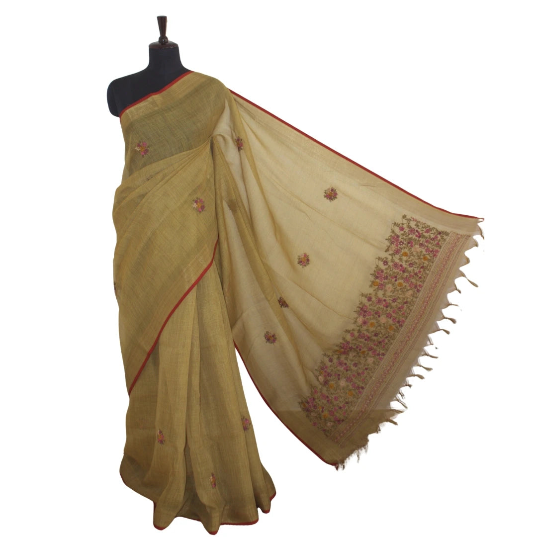 Golden Beige Handloom Linen Hand Embroidered Sari