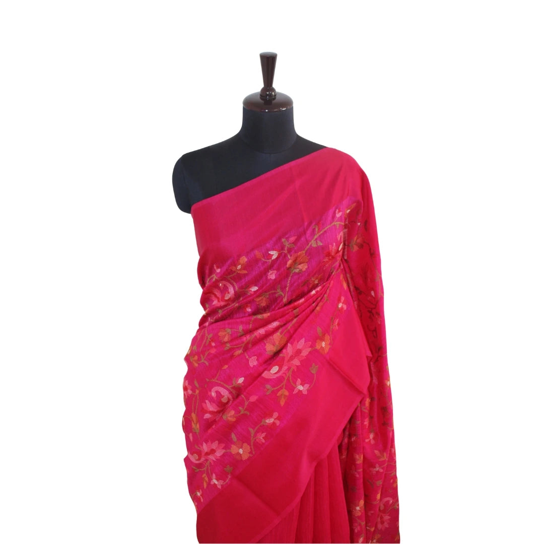 Fuchsia Pink Handloom Pure Tussar Silk Sari with Hand Embroidery