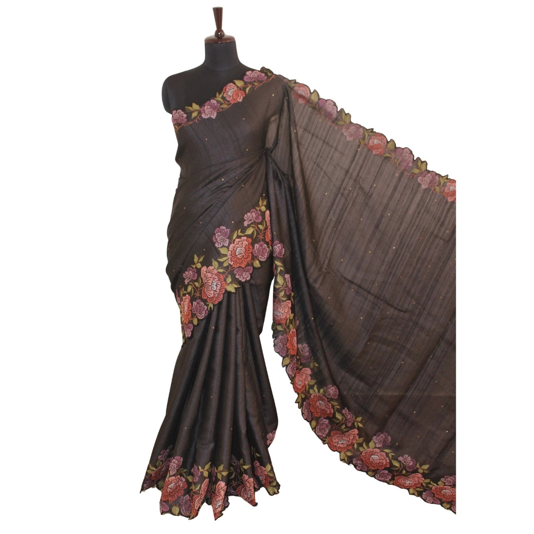 Midnight-hued pure Tussar silk saree
