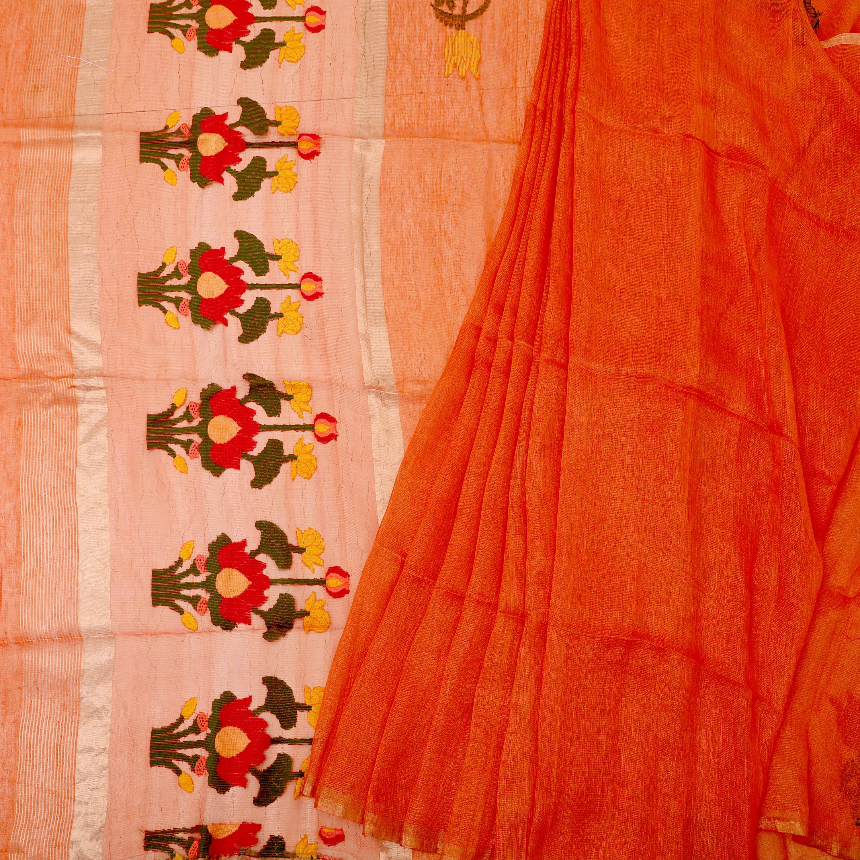Radiant orange linen muslin jamdhani sari
