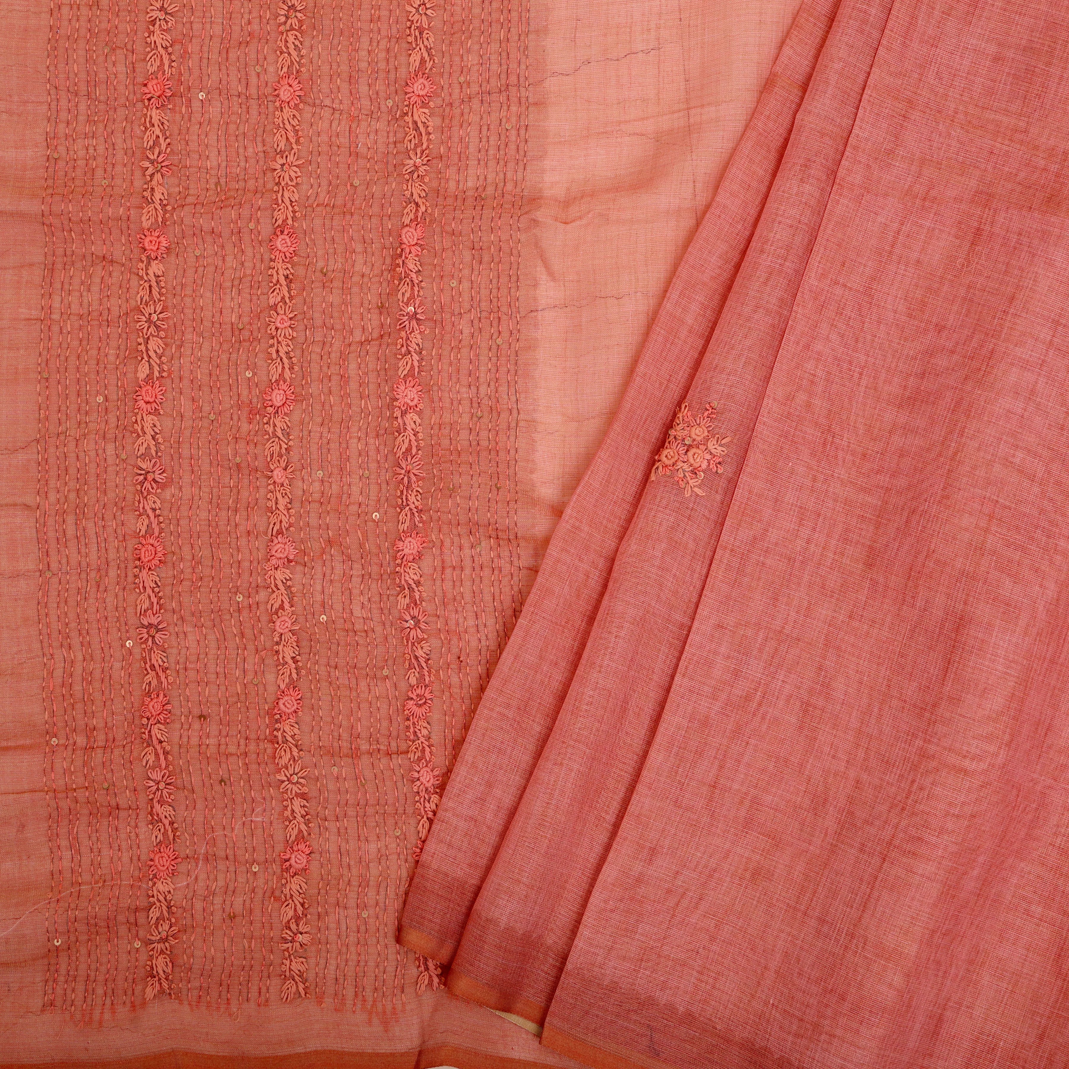 Muted coral pure linen sari