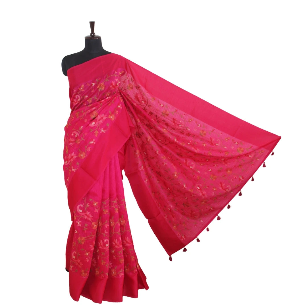 Fuchsia Pink Handloom Pure Tussar Silk Sari with Hand Embroidery