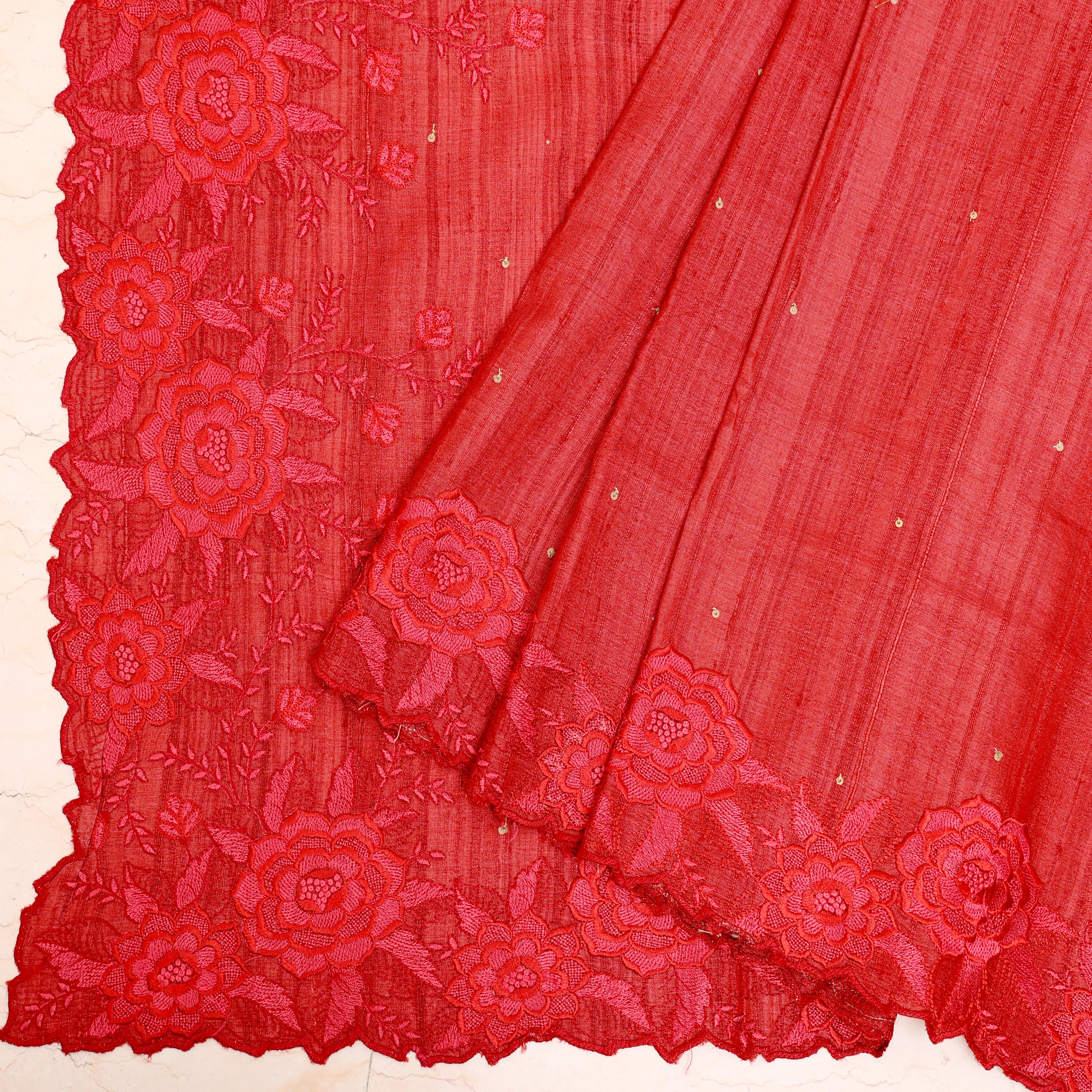 Striking crimson pure tussar silk saree