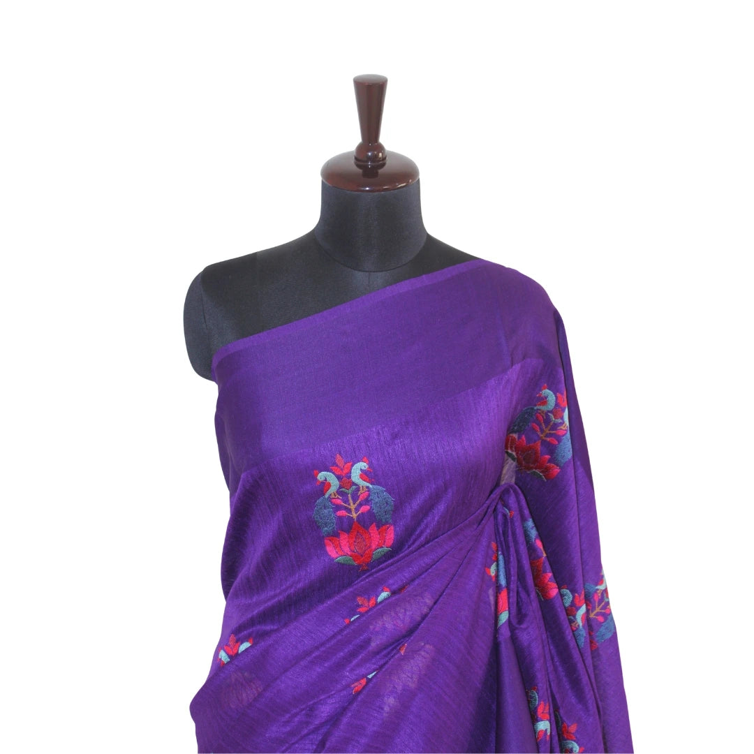 Royal Blue Handloom Tussar Silk Sari with Hand Embroidery
