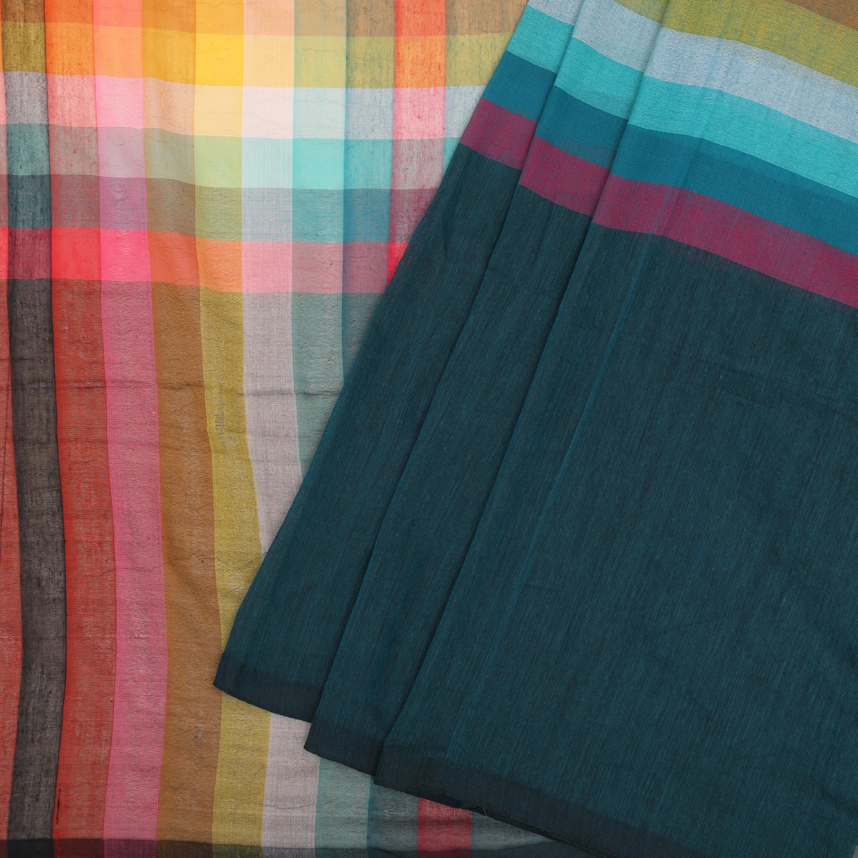 Peacock Teal Checks Mul Cotton Sari