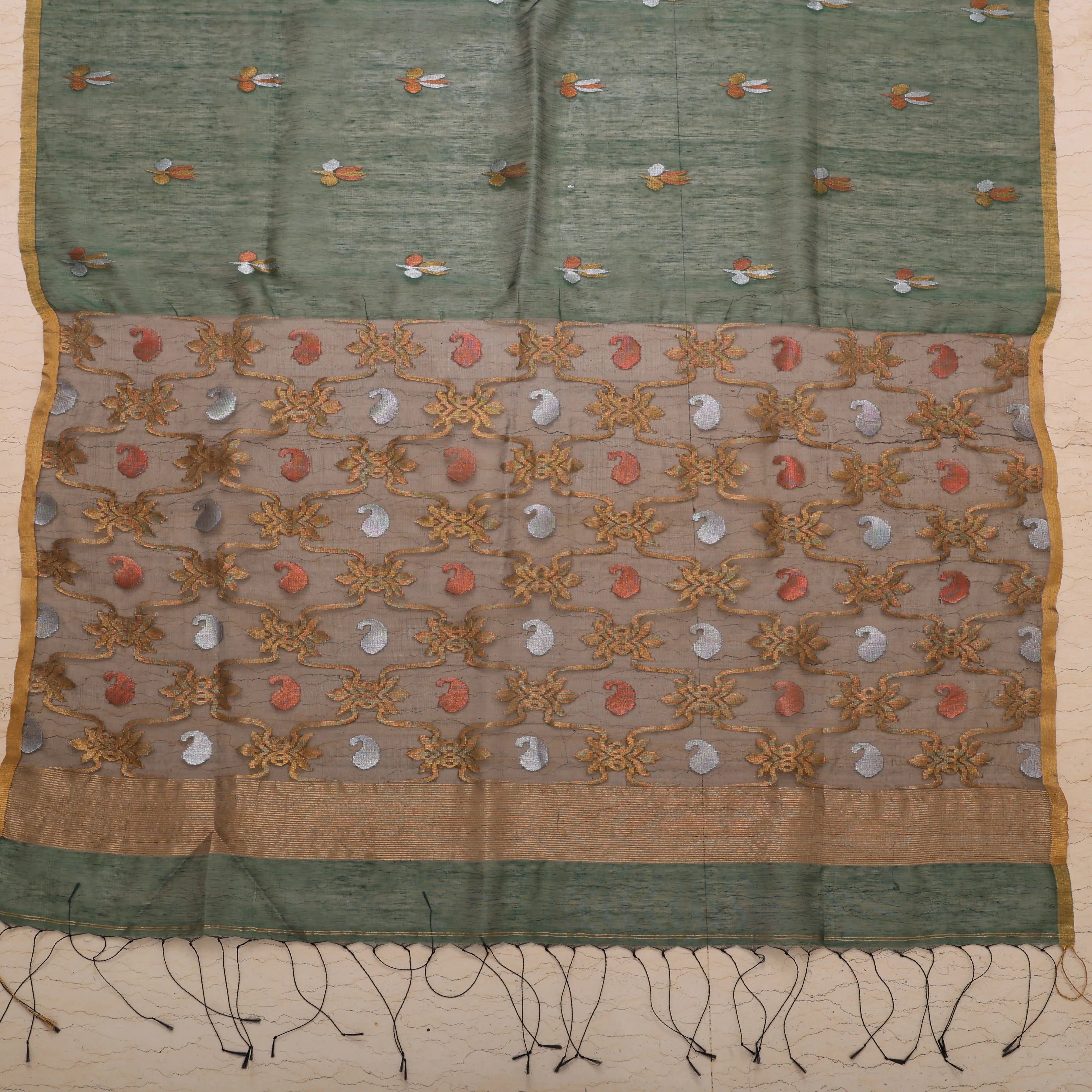 Emerald Linen Muslin Jamdani Sari