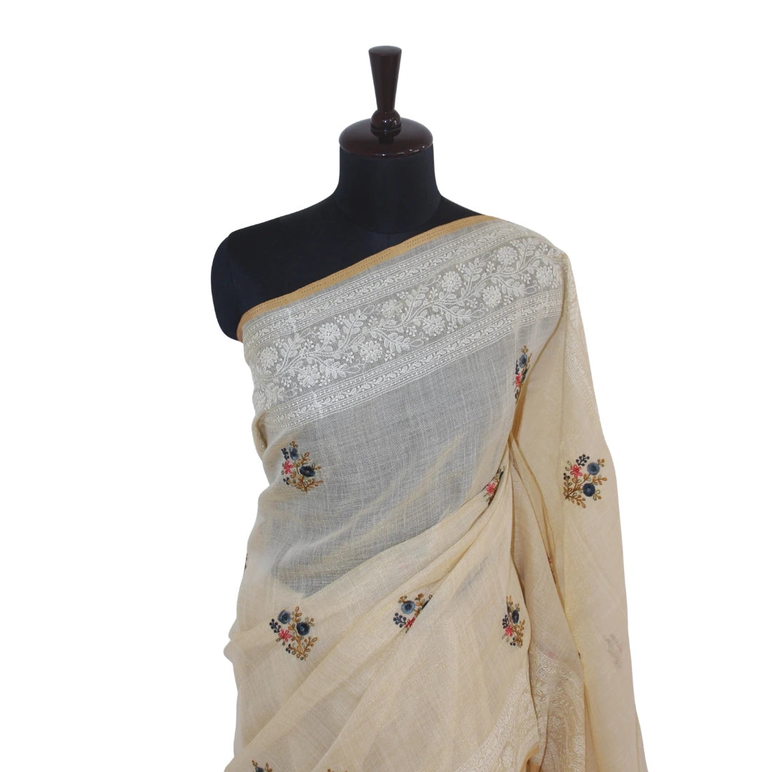 Ivory Handloom Linen Hand Embroidered Sari